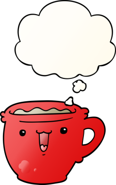 Bir insan tarafından çizilmiş yumuşak eğimli düşünce baloncuklu şirin çizgi film kahve fincanı.