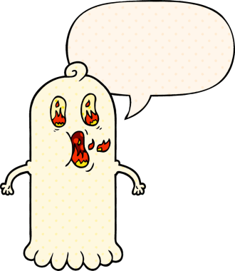 Çizgi roman tarzında konuşan, alev alev yanan gözleri olan bir insan tarafından çizilmiş çizgi film hayaleti.