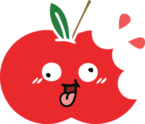 Bir insan tarafından çizilmiş kırmızı bir elmanın düz renkli retro karikatürü