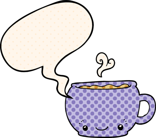 Bir insan tarafından çizilmiş çizgi roman tarzında konuşma baloncuklu sıcak kahve.