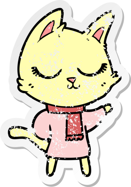 Bir insan tarafından çizilmiş eşarp giyen sakin bir karikatür kedisinin sıkıntılı çıkartması.