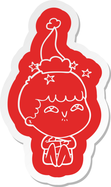 Bir insan tarafından çizilmiş noel baba şapkası giymiş şaşkın bir çocuğun garip çizgi film çıkartması.