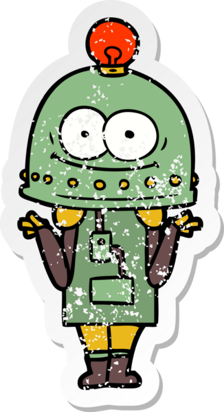 Bir insan tarafından çizilmiş ampullü mutlu bir robot çıkartması.