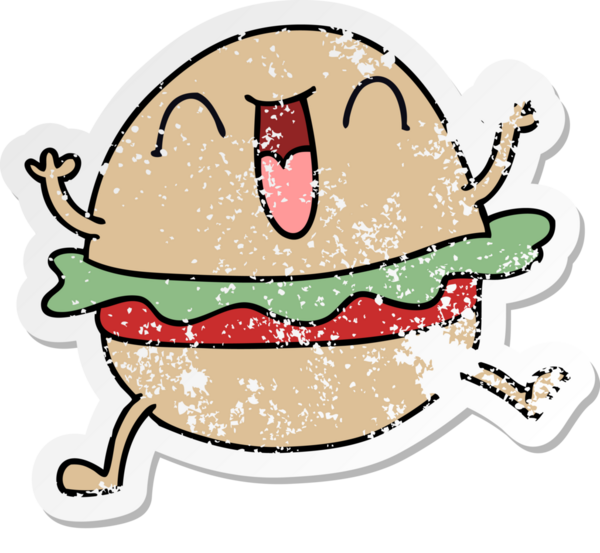 Bir insan tarafından çizilmiş garip bir el çizimi mutlu vejetaryen burgerinin sıkıntılı çıkartması