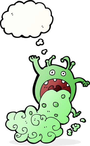 Bir insan tarafından çizilen düşünce baloncuğuyla hasta olan iğrenç bir canavar.