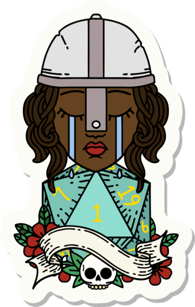 Ağlayan bir insan dövüşçüsünün çıkartması. Bir insan tarafından çizilmiş doğal bir D20 zarlı.