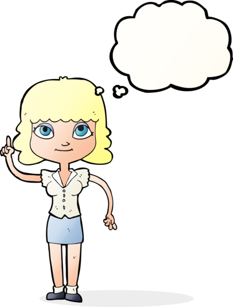 Bir insan tarafından çizilmiş düşünce baloncuğu fikri olan karikatür kadın.