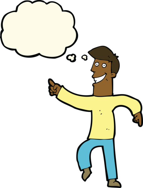 Bir insan tarafından çizilmiş düşünce baloncuğu ile sırıtan çizgi film adamı.