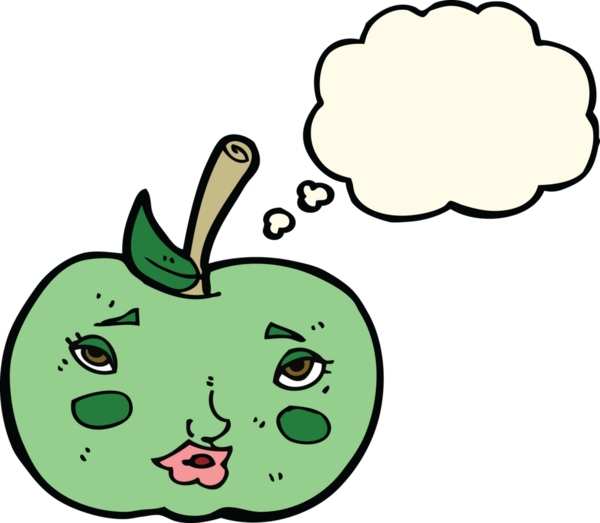 bir insan tarafından çizilmiş, yüzü düşünce baloncuğu olan çizgi film elması