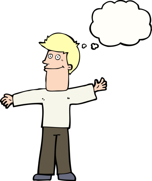 Bir insan tarafından çizilmiş düşünce balonlu mutlu adam çizgi filmi.