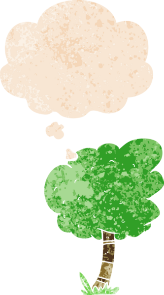 Düşünce baloncuğu ve grunge desenli karikatür ağacı bir insan tarafından çizilmiş.