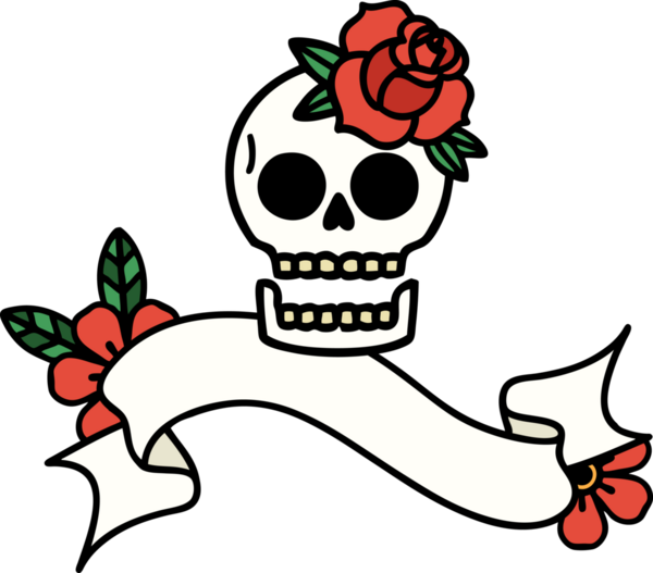 Geleneksel dövmeli kafatası ve bir insan tarafından çizilmiş gül.