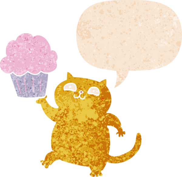 Bir insan tarafından çizilmiş grunge sıkıntılı retro dokuma tarzı içinde konuşma kabarcığı olan kapkek ile çizgi film kedisi