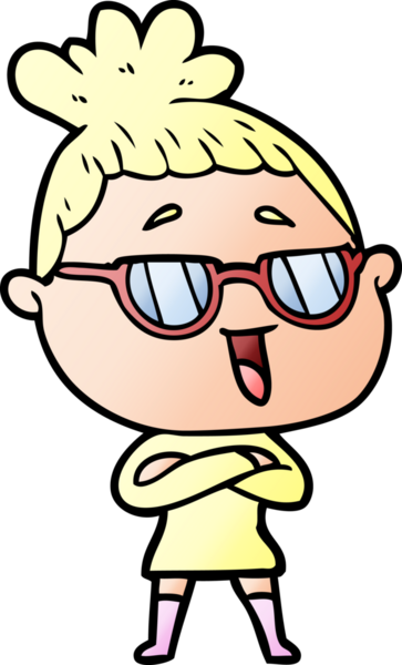 Bir insan tarafından çizilmiş gözlüklü mutlu kadın çizgi filmi.