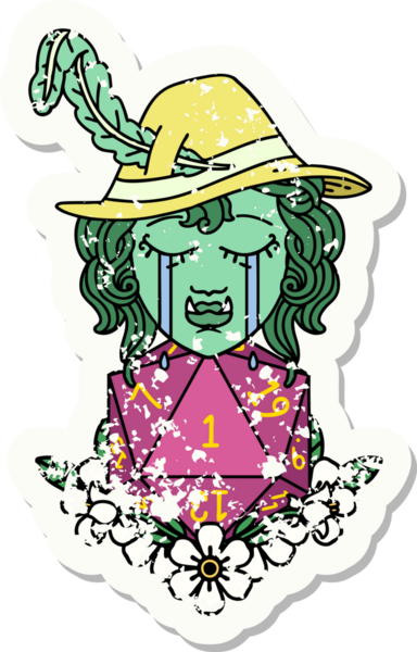 Hüzünlü bir yarım ork ozan karakterinin grunge çıkartması. Bir insan tarafından çizilmiş doğal bir d20 rulo.