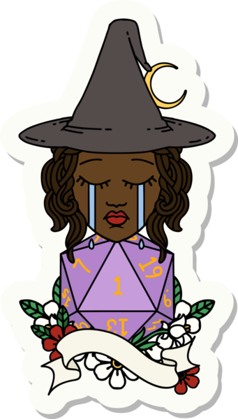 Bir insan cadısının çıkartması. Bir insan tarafından çizilmiş doğal bir D20 rulo.