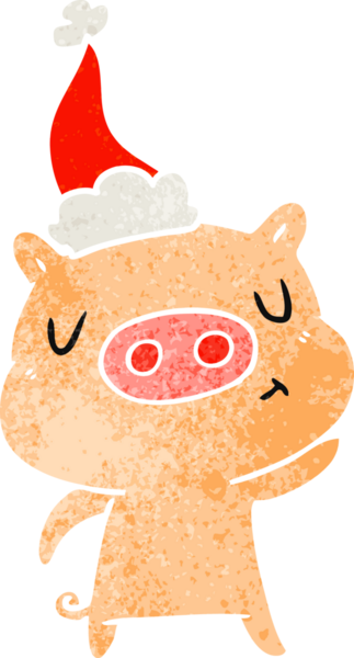 Bir insan tarafından çizilmiş Noel Baba şapkası takan bir domuzun el çizimi karikatürü.