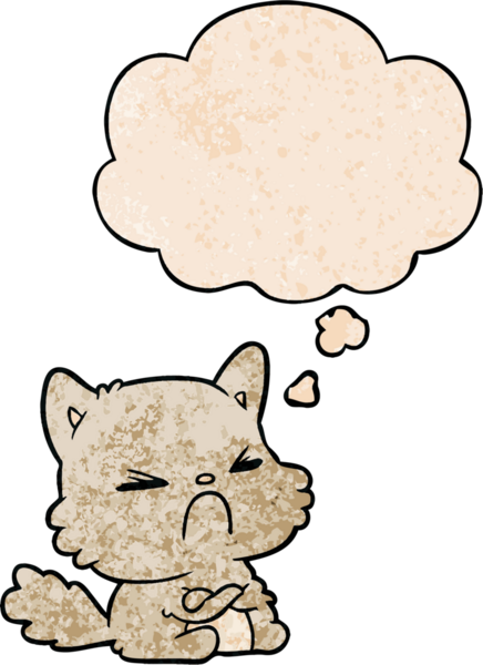 bir insan tarafından çizilmiş grunge dokuma tarzında düşünce baloncuklu kızgın kedi çizgi filmi.