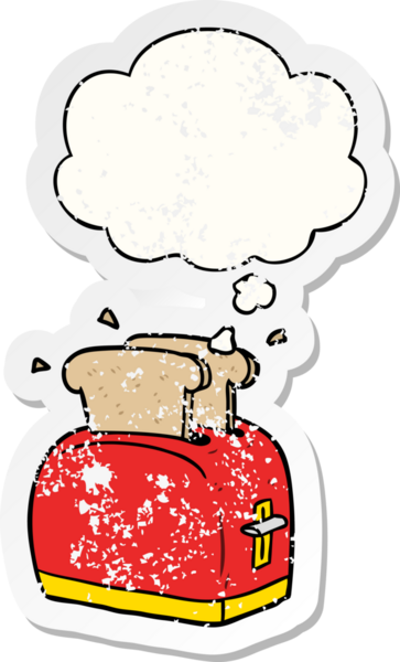 Düşünce baloncuğu olan çizgi film tost makinesi insan tarafından çizilmiş yıpranmış bir çıkartma.