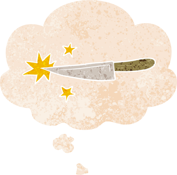 Düşünce baloncuklu çizgi film keskin bıçak grunge sıkıntılı retro stil bir insan tarafından çizilmiş