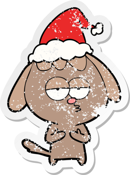 Bir insan tarafından çizilmiş Noel Baba şapkası giymiş canı sıkkın bir köpeğin el çizimi karikatürü.