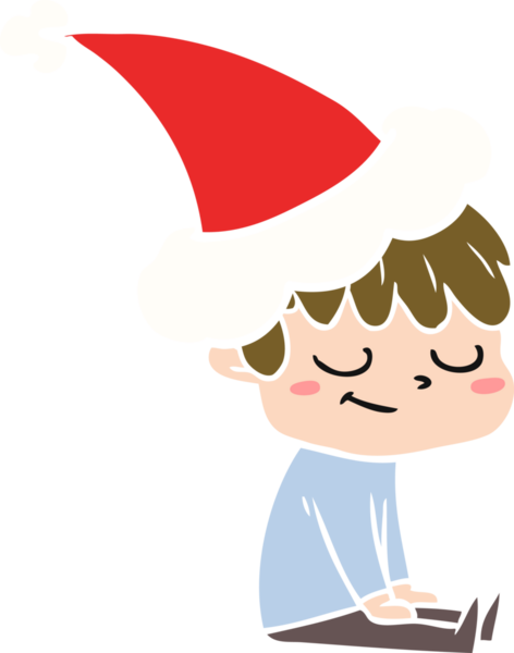 Bir insan tarafından çizilmiş Noel Baba şapkası takan mutlu bir çocuğun düz renkli çizimi.