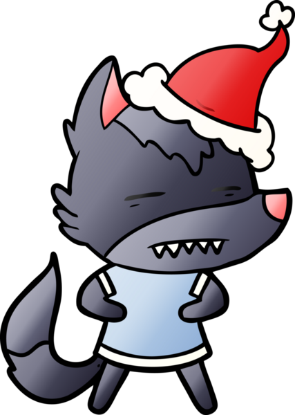 Bir insan tarafından çizilmiş Noel Baba şapkası giymiş bir kurdun el çizimi karikatürü.