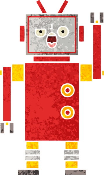 Bir insan tarafından çizilmiş kızgın bir robotun retro çizim tarzı karikatürü