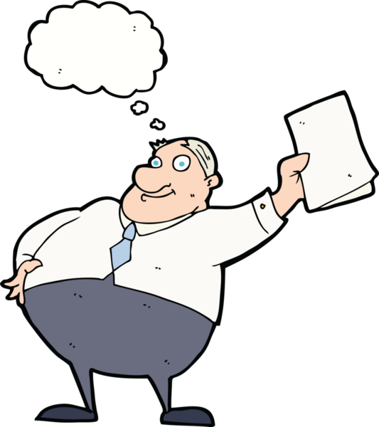 Çizgi film patronu, bir insan tarafından çizilmiş düşünce balonuyla kağıtları sallıyor.