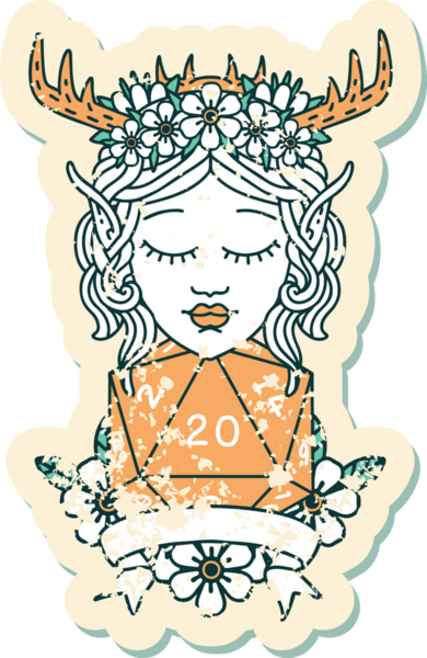 Retro Dövme Tarzı Elf Karakteri Bir insan tarafından çizilmiş doğal 20 zar ile