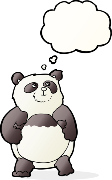 Bir insan tarafından çizilmiş düşünce baloncuklu karikatür panda.