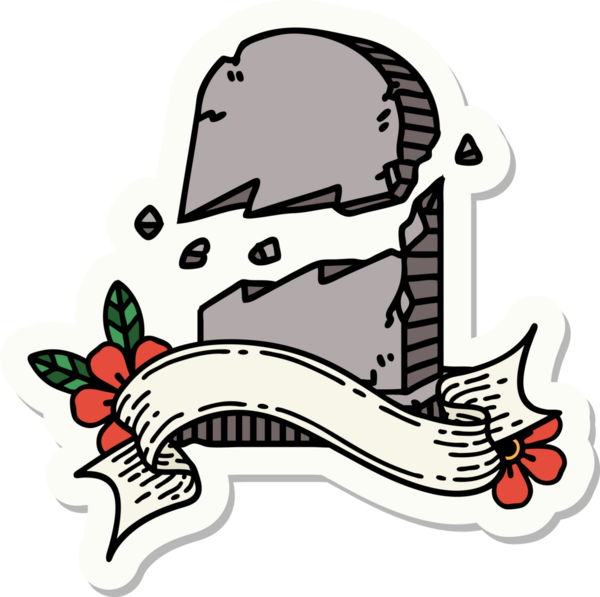 Bir insan tarafından çizilmiş kırık bir mezar taşının pankartıyla dövme stili.