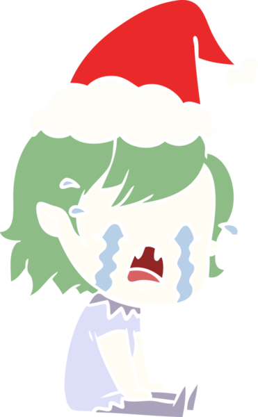 Bir insan tarafından çizilmiş Noel Baba şapkası takan ağlayan vampir bir kızın el çizimi.