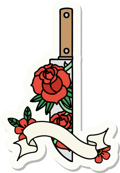 Bir hançer sancağıyla dövme stili çıkartması ve bir insan tarafından çizilmiş çiçekler