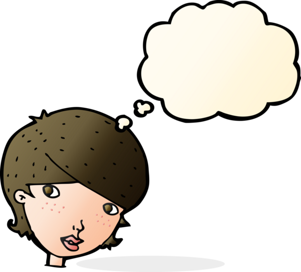 Bir insan tarafından çizilmiş düşünce baloncuğu olan çizgi film dostu kadın.