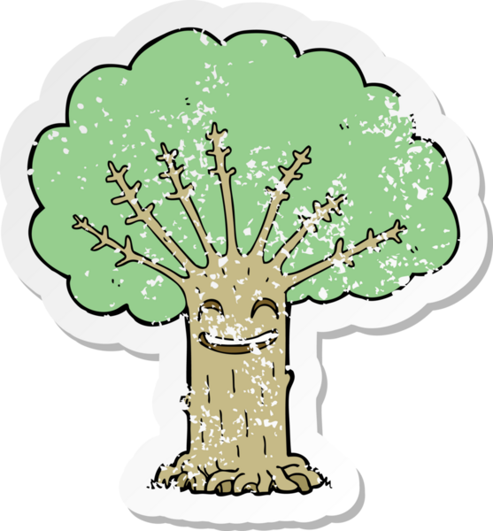 Bir insan tarafından çizilmiş, kederli, çizgi film mutlu ağacının etiketi.