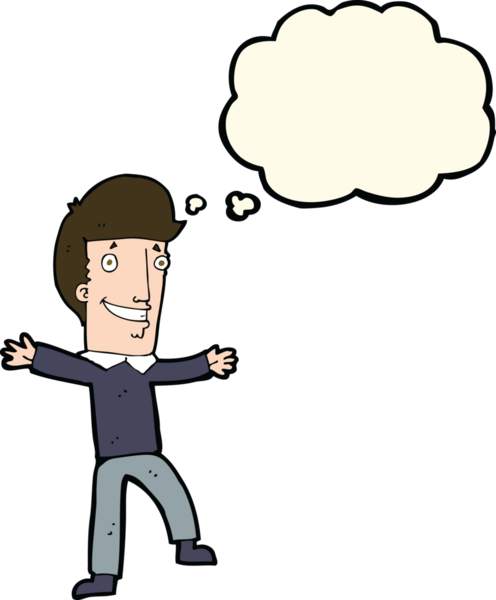 Bir insan tarafından çizilmiş düşünce balonlu mutlu adam çizgi filmi.