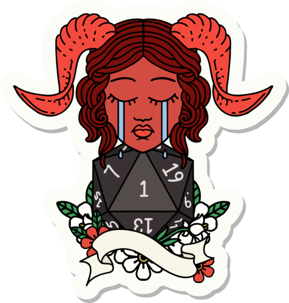 Ağlama etiketi, bir insan tarafından çizilmiş doğal bir D20 rulo ile bağlanıyor.