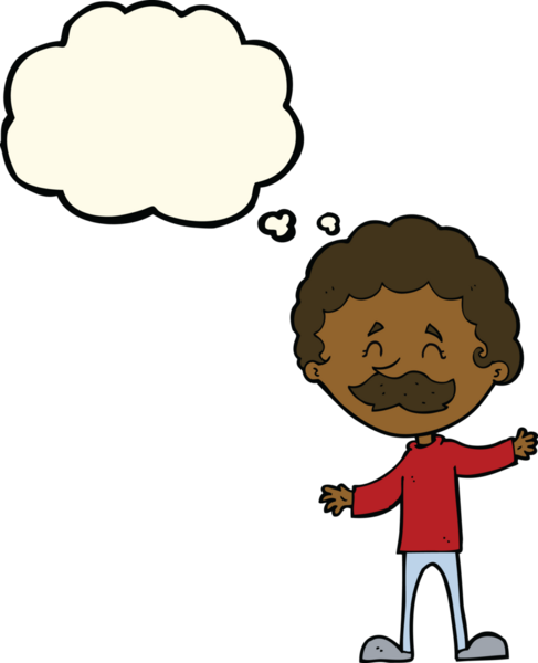 Bir insan tarafından çizilmiş düşünce baloncuklu bıyıklı mutlu adam çizgi filmi.