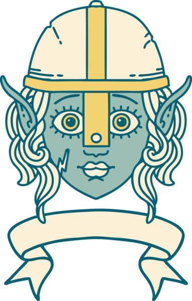 Retro Dövme Tarzı Elf Savaşçı karakteri yüzü Bir insan tarafından çizilmiş pankartıyla