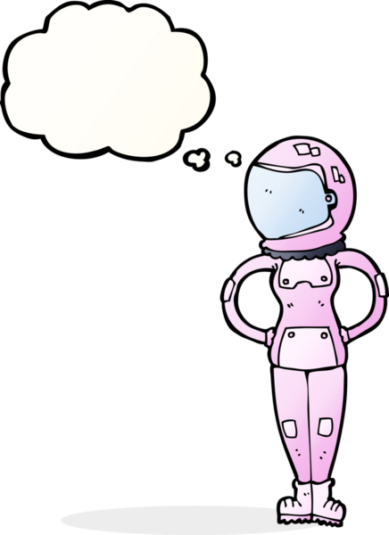 Bir insan tarafından çizilmiş düşünce baloncuğu olan kadın astronot.