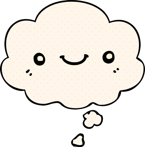 Çizgi roman tarzında bir insan tarafından çizilmiş düşünce baloncuklu şirin mutlu yüz.