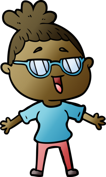 Bir insan tarafından çizilmiş gözlüklü mutlu kadın çizgi filmi.