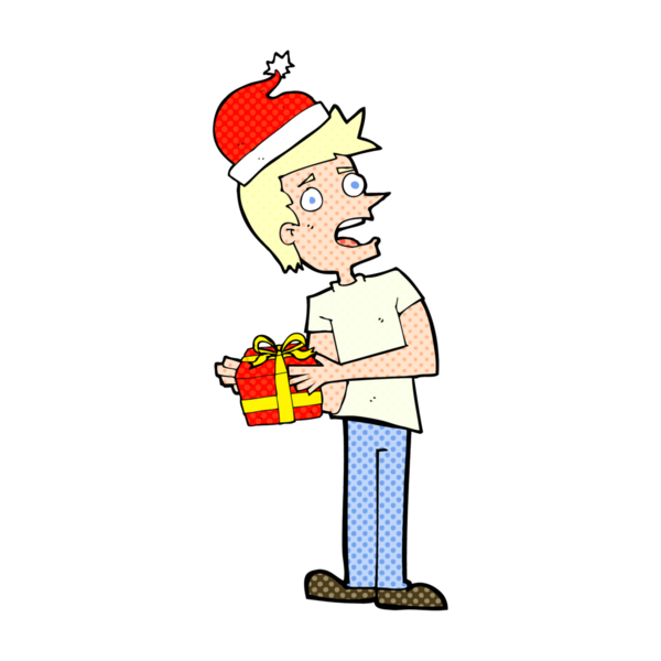 Bir insan tarafından çizilmiş bir noel hediyesini elinde tutan çizgi film adamı.