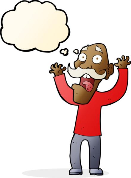 Karikatür ihtiyarı bir insan tarafından çizilen düşünce baloncuğundan korkar.