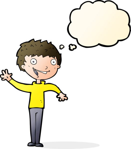Bir insan tarafından çizilmiş düşünce baloncuğuyla el sallayan mutlu çocuk.