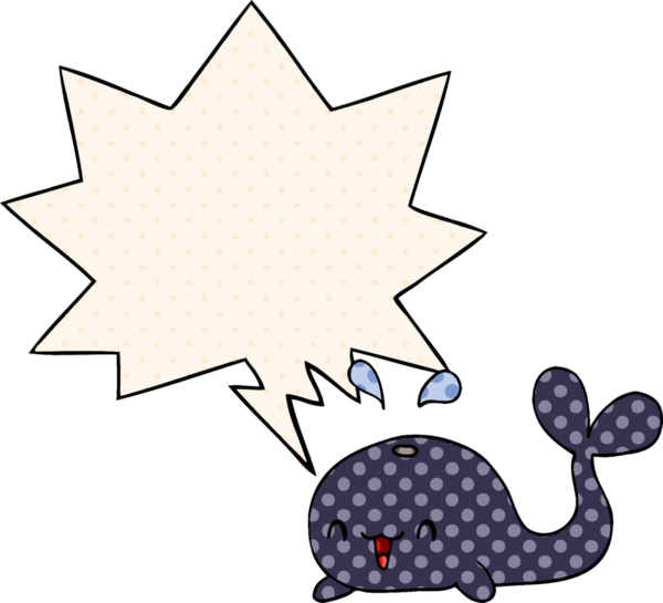 Çizgi roman tarzında konuşan mutlu balina bir insan tarafından çizilmiş.