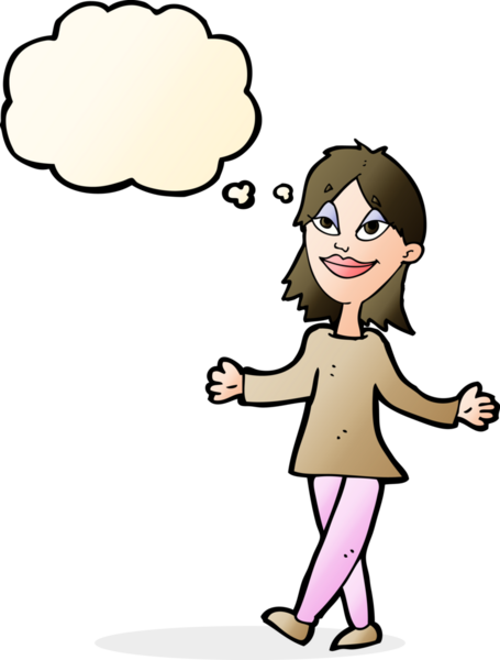 Bir insan tarafından çizilen düşünce baloncuğu ile ilgili endişesi olmayan çizgi film kadını.