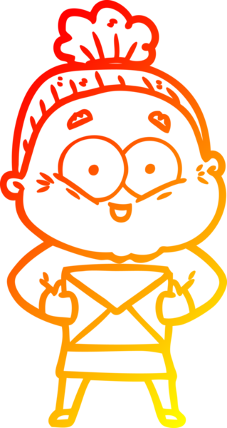 Bir insan tarafından çizilmiş mutlu, yaşlı bir kadının sıcak çizgi çizimi.