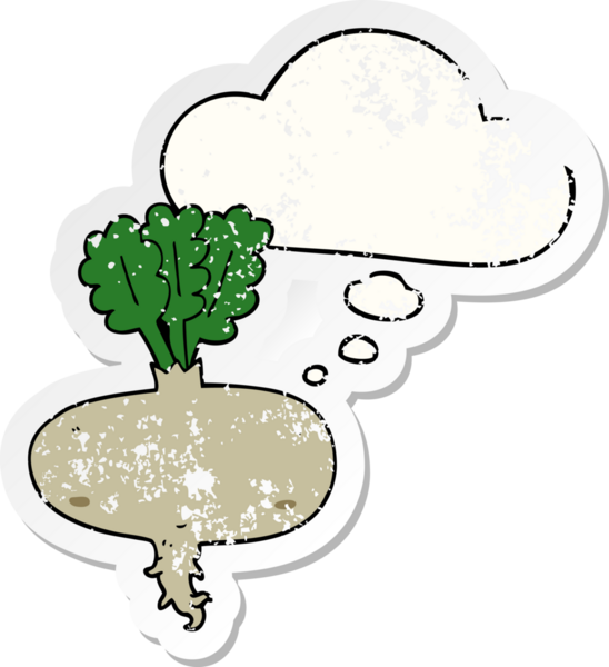 Düşünce baloncuklu pancar kökü insan tarafından çizilmiş yıpranmış bir çıkartma.